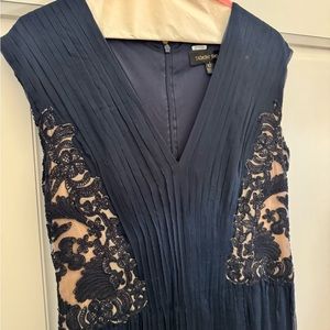 Women’s floor length Tadashi Shoji formal dress with lace overlay detail